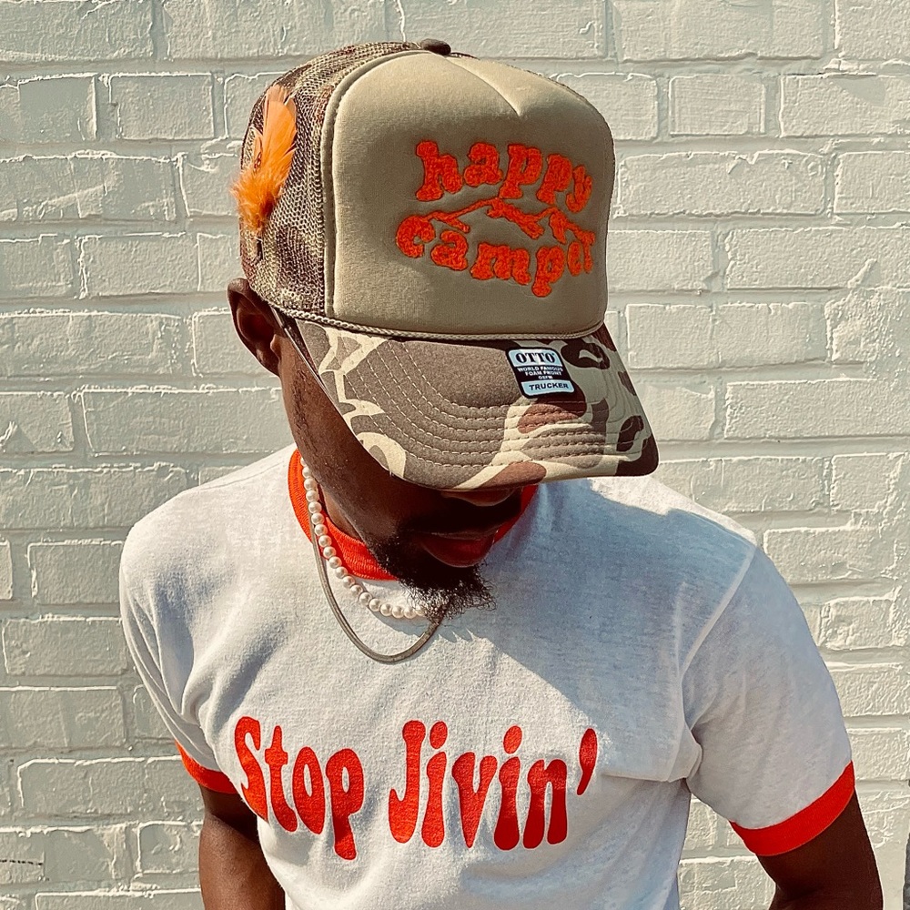 Camo “Happy Camper” Trucker by. Pile of Threads